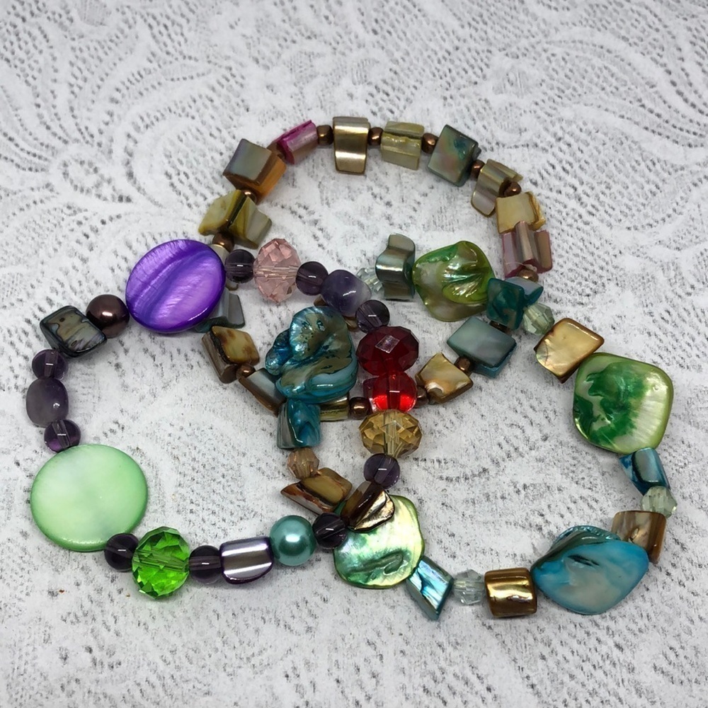 BUNDLE lot 3 colorful vibrant shell and crystals stretch bracelets boho festival
